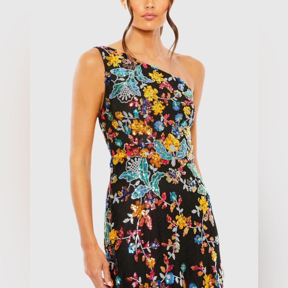 Women One Shoulder Mac Duggal Black Floral Maxi Dress Lace up Back Worn once 6 - Picture 2 of 3